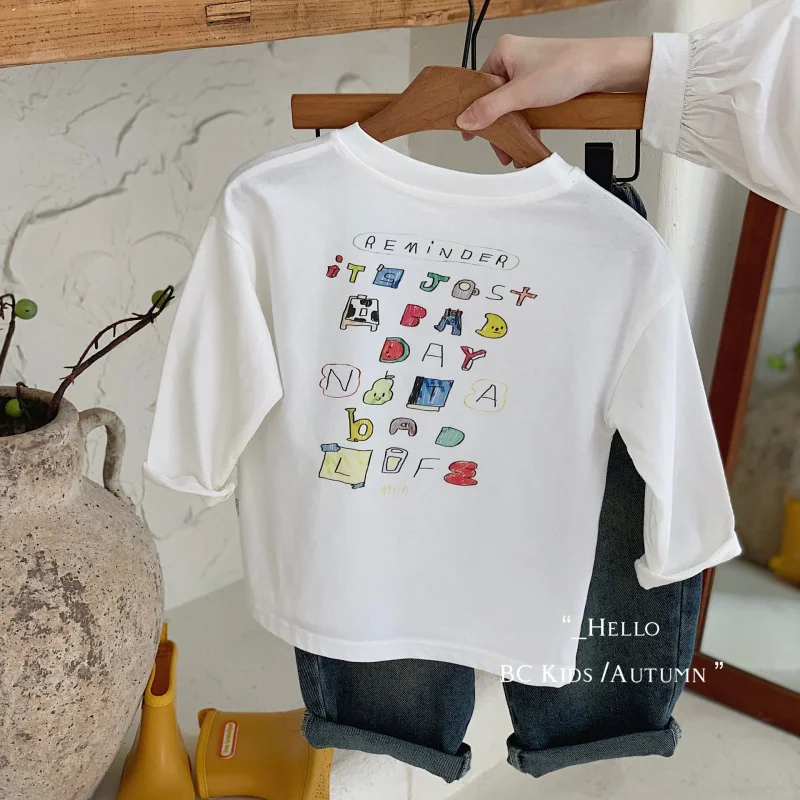 

ChildrenTT-shirt2024Autumn New Children Colorful Letter Jacket Cartoon Bottoming Shirt Western StyleG0518