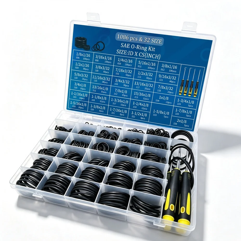 1086 Pc O Ring Kit Compatible with For SAE Standards Featuring 32 Dimensional Variants for Vehicle Plumbing and Fixture Repairs