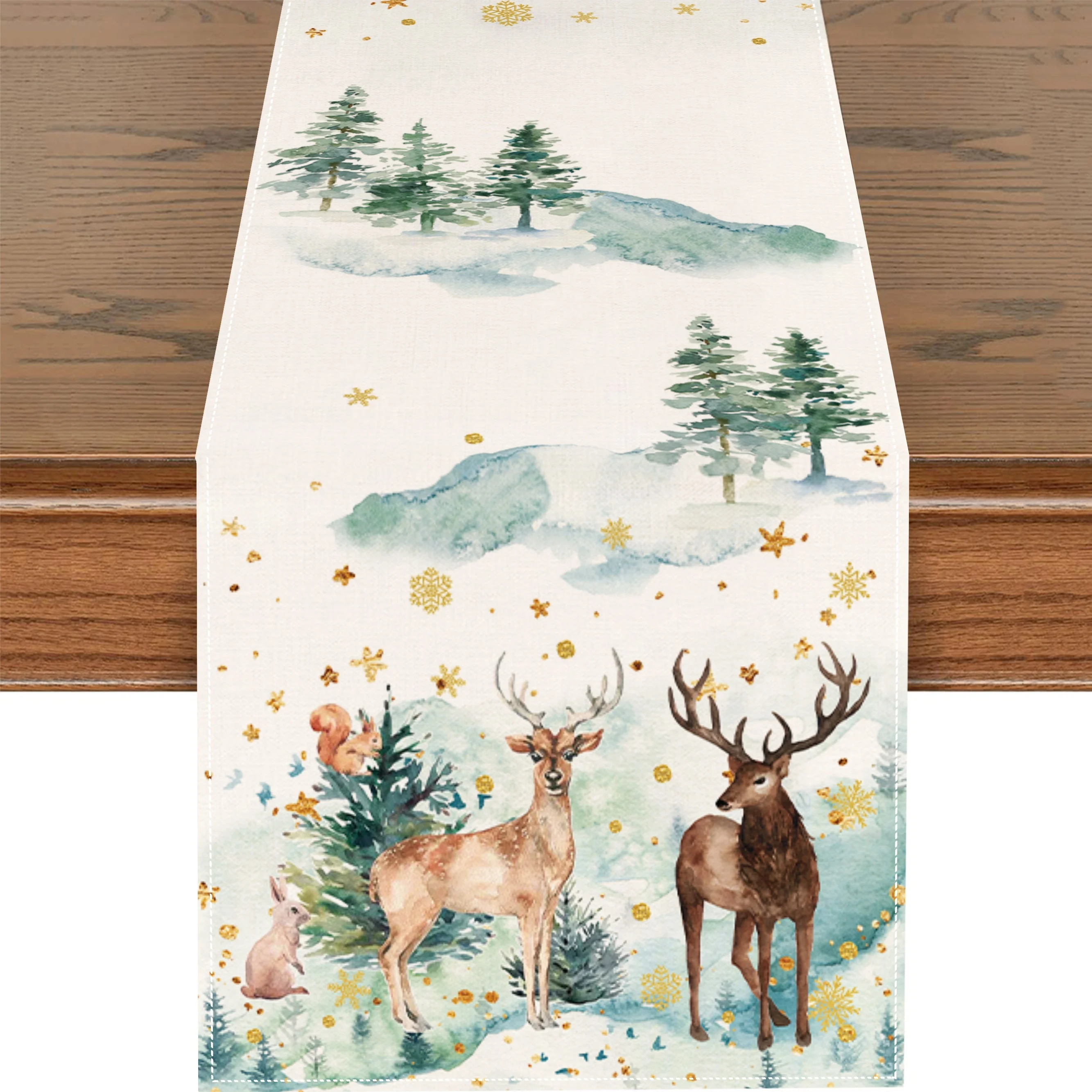 

1pc Christmas Woodland Animals Table Runner, Watercolor Deer & Forest Design Table Decor for Xmas Dinner, Perfect Holiday Gifts
