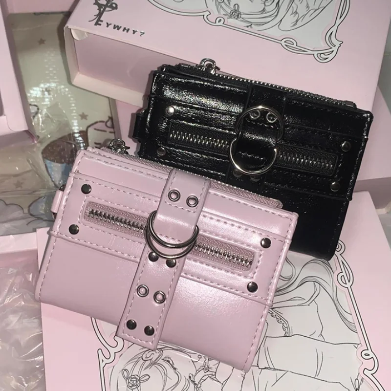Y2k Punk Mini Wallet Rivet Metal Ring Decor PU Leather Card Holder Multifunctional Card Storage Bag Coin Purse