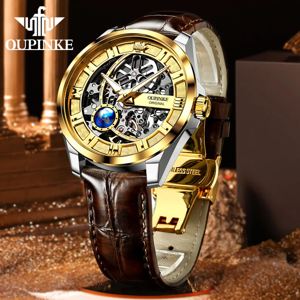 OUPINKE 3268 Swiss Certification Man Watch Fashion Hollowed Rotation Globe Seconds Hand Design Automatic Mechanical Men's Watch