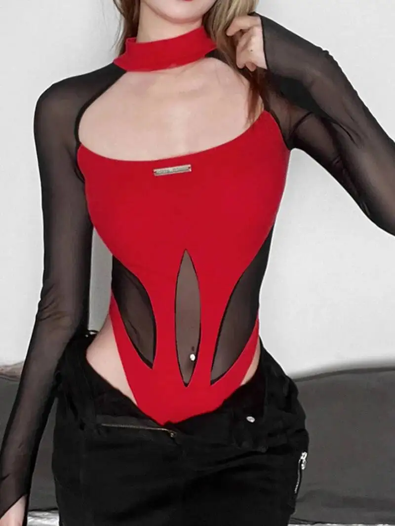Goth Dark Sheer Mesh Patchwork Cyber Y2k Bodysuits Hollow Out Moto Biker Bodycon T-shirts Women Gothic Punk Long Sleeve PMZ7