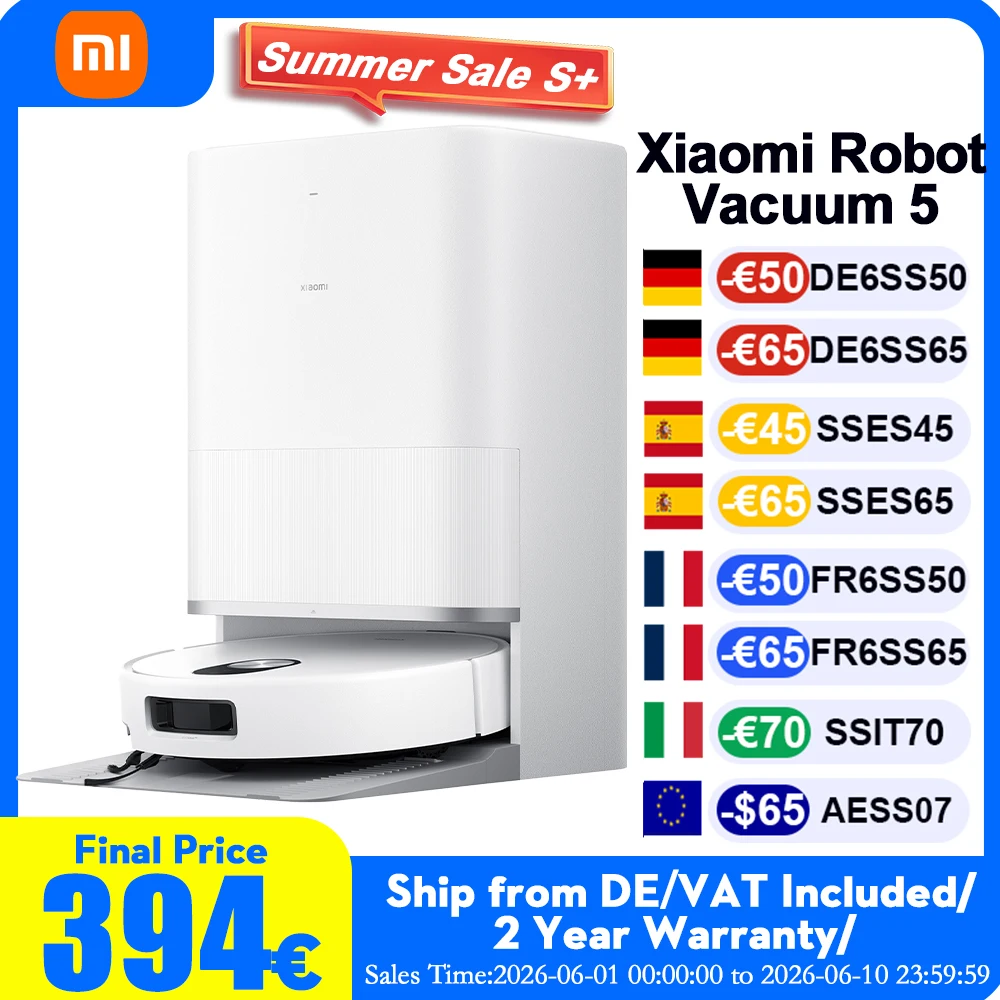 Robot aspirateur XIAOMI 5 version globale UE (mise à niveau X20+) – Aspiration intelligente, navigation laser LDS, taux d'élimination des poils de 99 %, collecte automatique de la poussière, commande