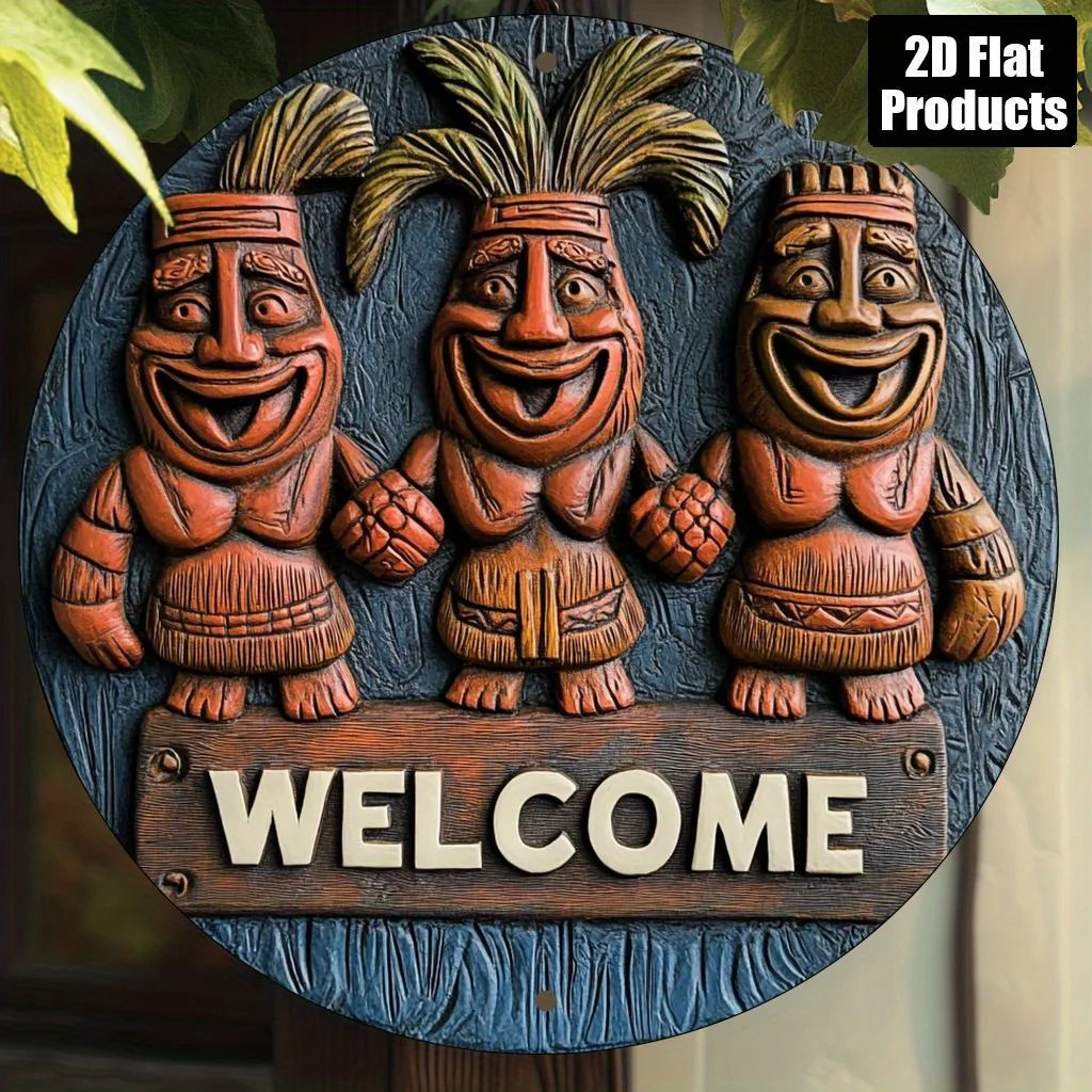 2D flach 1 Stück Tropical Tiki Willkommensschild – kreisförmiges Holzschild, rustikale Wandkunst mit Cartoon-Tiki-Statuen und Palmenbaum-Design