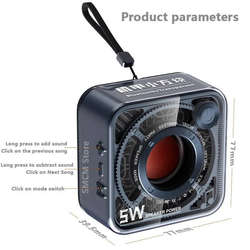 Transparent Bluetooth Speaker Mecha Style Small Steel Cannon High-Definition Call Portable Outdoor Sports Subwoofer-C