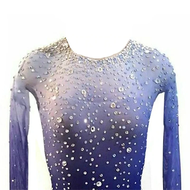 Figure Skating Dress Women\'s Girls\' Ice Skating Dress Blue Stretchy Training Competition Skating Wear Thermal Warm Long Sleeve