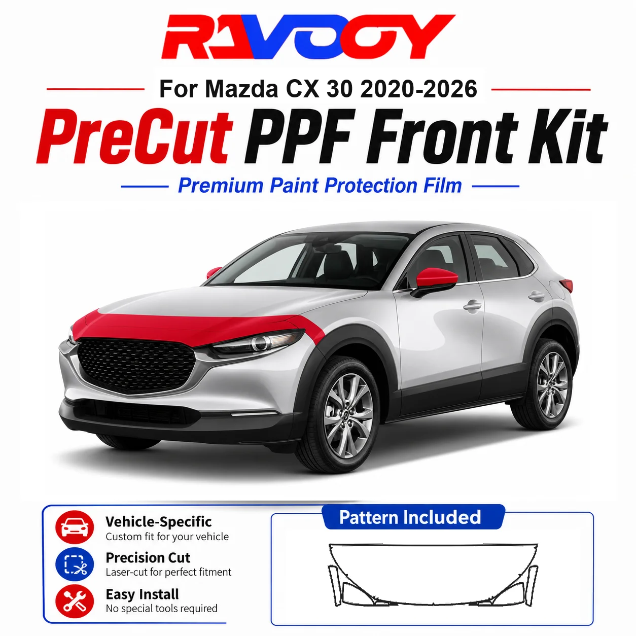 

8.5mil TPU Precut PPF Kit For Mazda CX 30 2020-2026 - Hood, Fenders & Mirror Set - Self-Healing Clear Bra Film