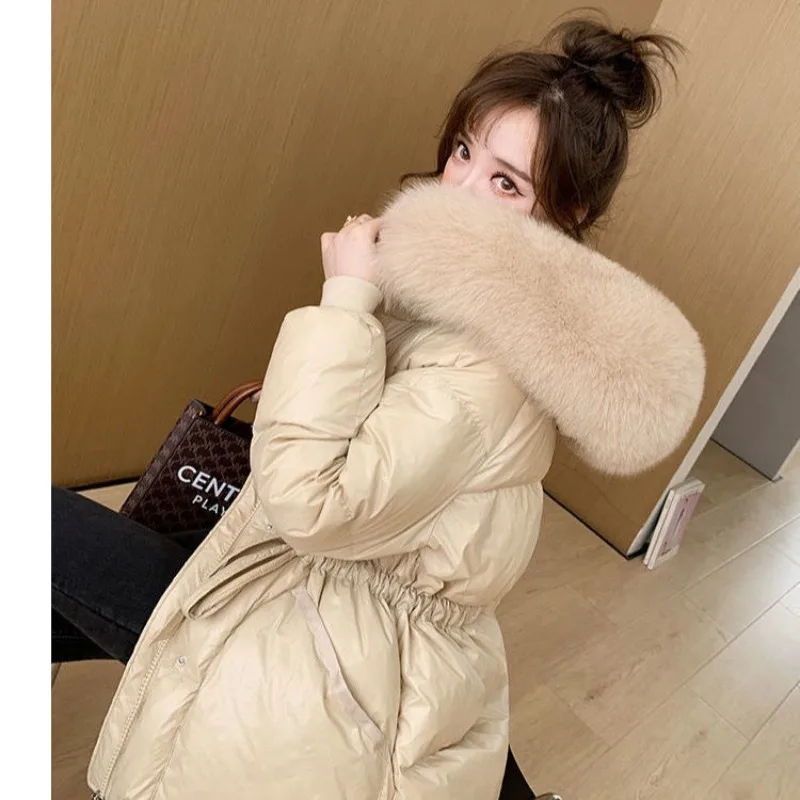 Female Winter Autumn Tops Coat Cotton-padded Clothes Fur Collar Glossy Hooded Thicken Waist Retro Simple Soft Versatile Thin New