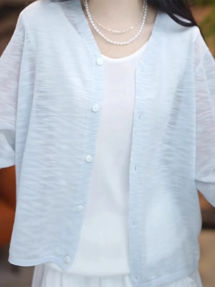 

Blue Bamboo oot Linen Sun Protection Knitted Cardigan Women's Summer New Faion Versatile Youthful Thin Cover up Top