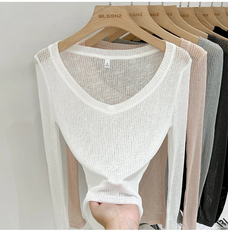 Zjaiss Damen T-Shirt mit V-Ausschnitt, Sonnenschutz, Langarm, Sommer 2026, Neuer Lazy-Style, Transparentes, Dünnes, Durchsichtiges Überwurf-Top – Detail 6