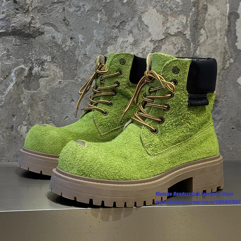 Green Suede Thick Platform Sole Men's Boots Black Leather Lace Up Fashion Short Ankle Boots Vintage Handcrafted Men's Boots
