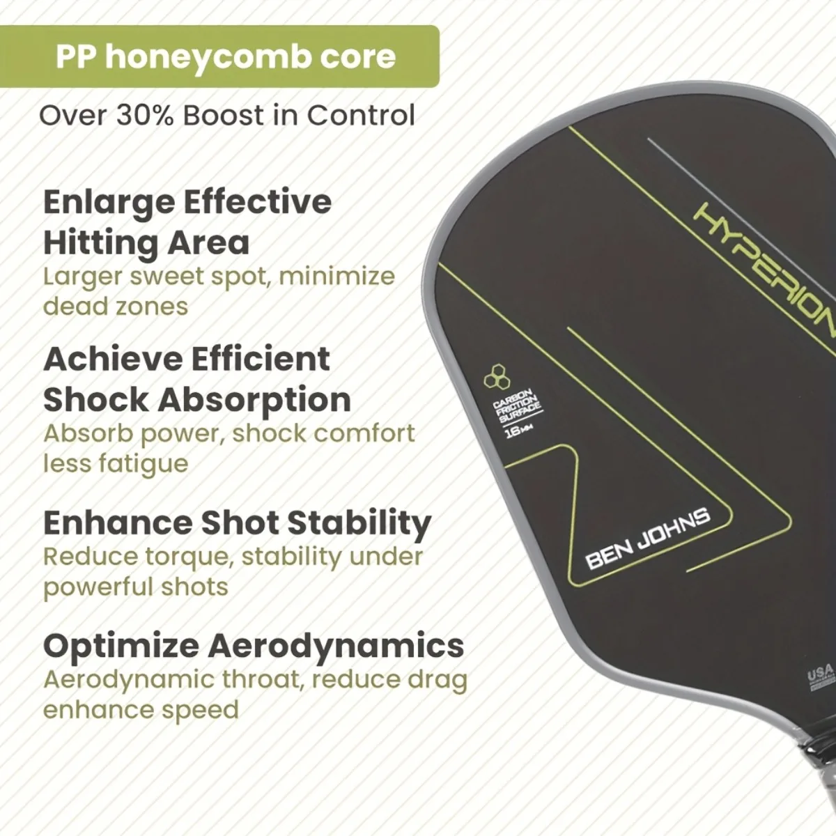 Ben John Super C2 Yellow Pickleball Paddle, 16mm Honeycomb Core, Matte Textured Surface, The Perfect Sports Gear