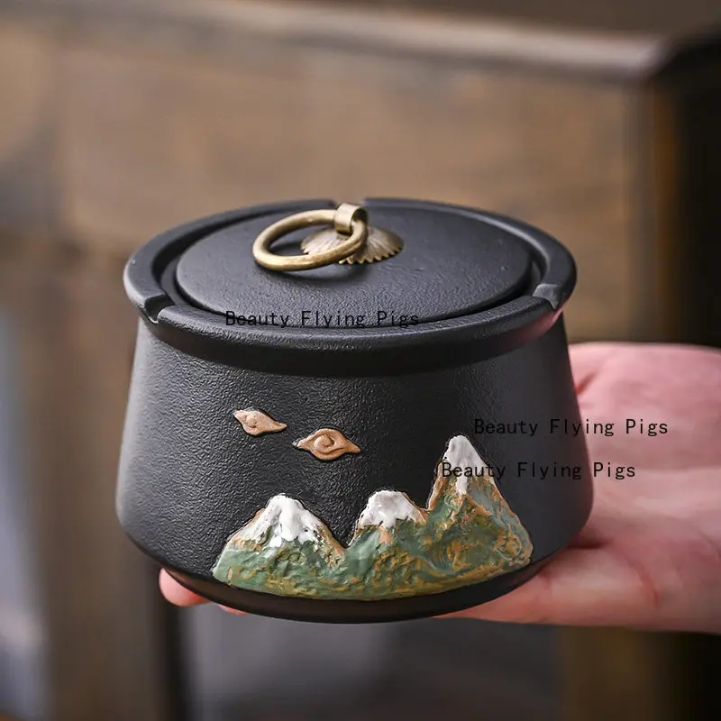 1pc Ceramic Ashtray Office Ashtray, Household Cigarette Holder Ashtray, Candy Storage Jar with Lid, Key Box, Home Decoration