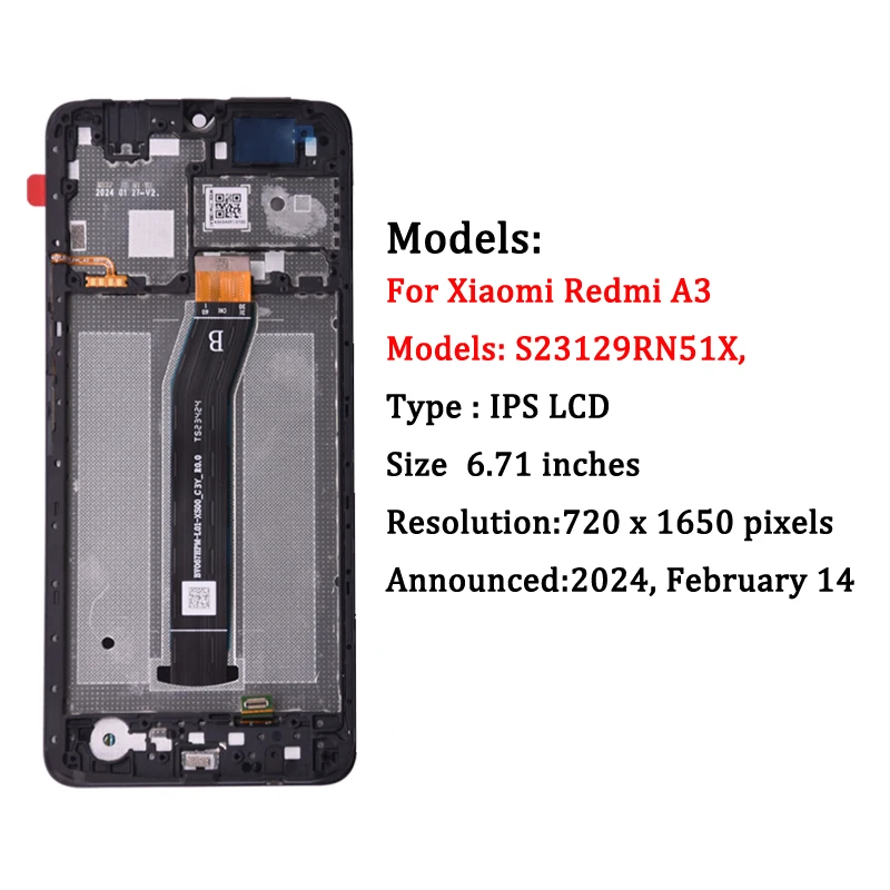 100% Test A3 Display Screen For Xiaomi Redmi A3 23129RN51X LCD Display Touch Screen Digitizer Assembly Replacement