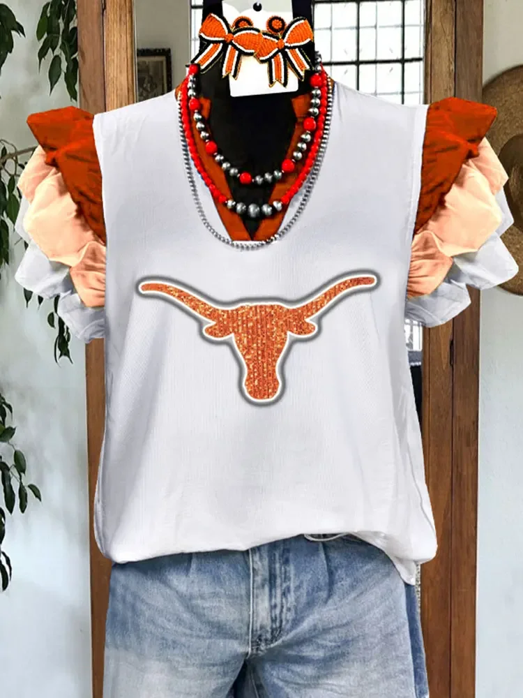 Gameday Football Longhorns Print Flying Sleeve Top Women Blouse