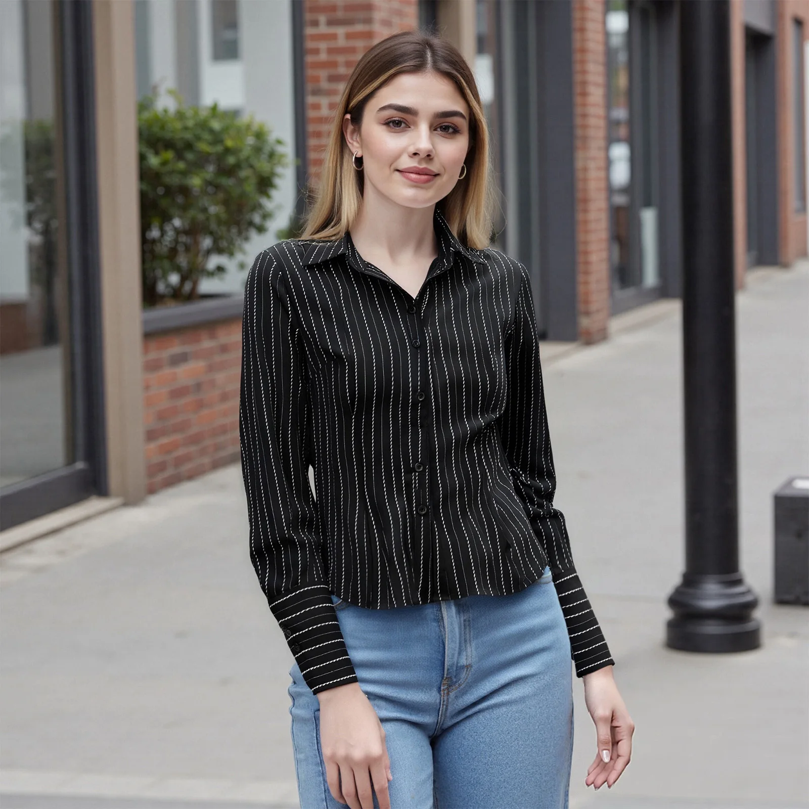 

Fashion Chic Striped Slim Autumn Blouse Women Crop Tops Long Sleeve Buttons-Up Shirt Cardigan Y2K Aesthetic Retro Tops Outfits ﻿