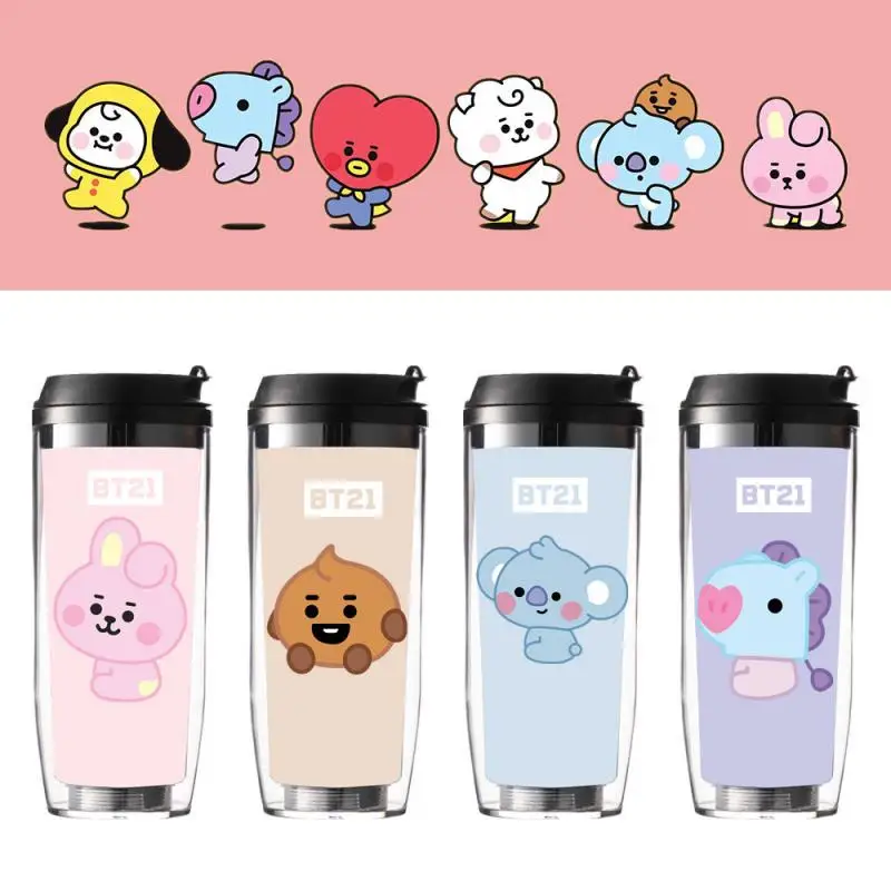 500Ml Anime Cartoon Bt21 Water Cup Straw Cup Fashion Double-Layer Insulated Outdoor Accompanying Coffee Cup Gift for Friends