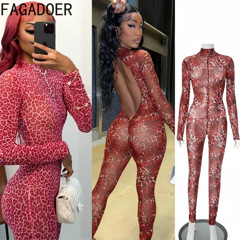 

FAGADOER Sexy Leopard Print Bodycon Jumpsuits Women Long SleeveO-Neck Skinny Stretch Romper Midnight Streetwear Workout Overalls