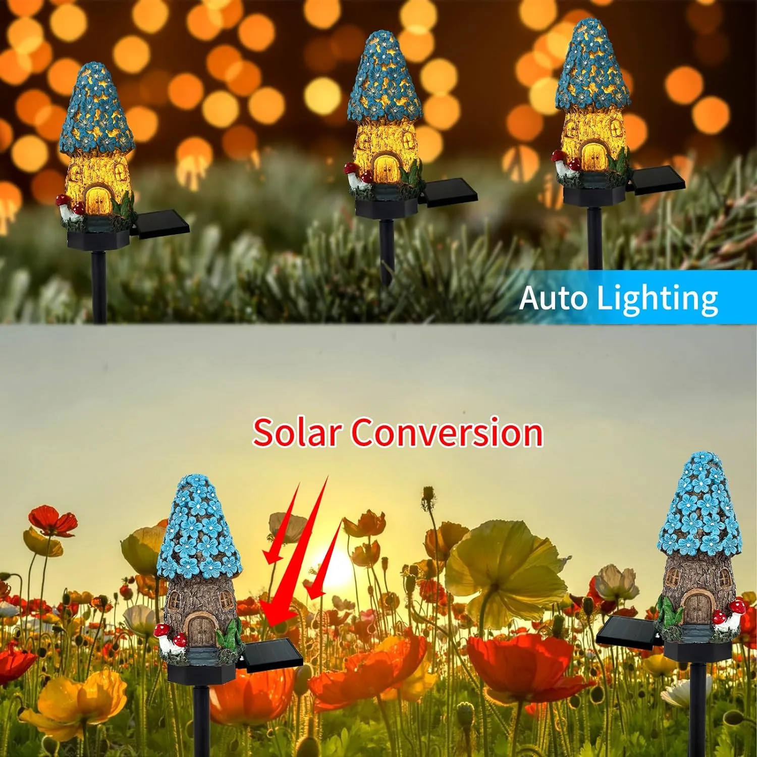 Creative Solar Resin Mushroom House Light Outdoor Waterproof LED Cartoon Ground Plug Light Garden Decoration Lawn Landscape Lamp