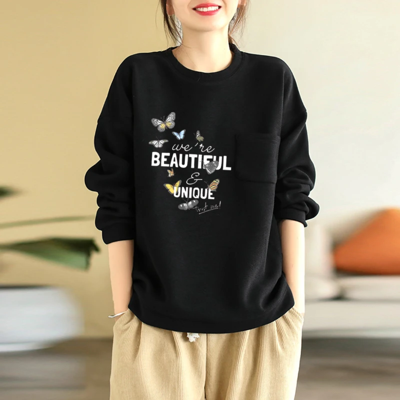 New Spring and Autumn Women\'s Solid Color O-Neck Long Sleeve Loose Printed Letter Korean Pullovers Classic Fashion Casual Tops