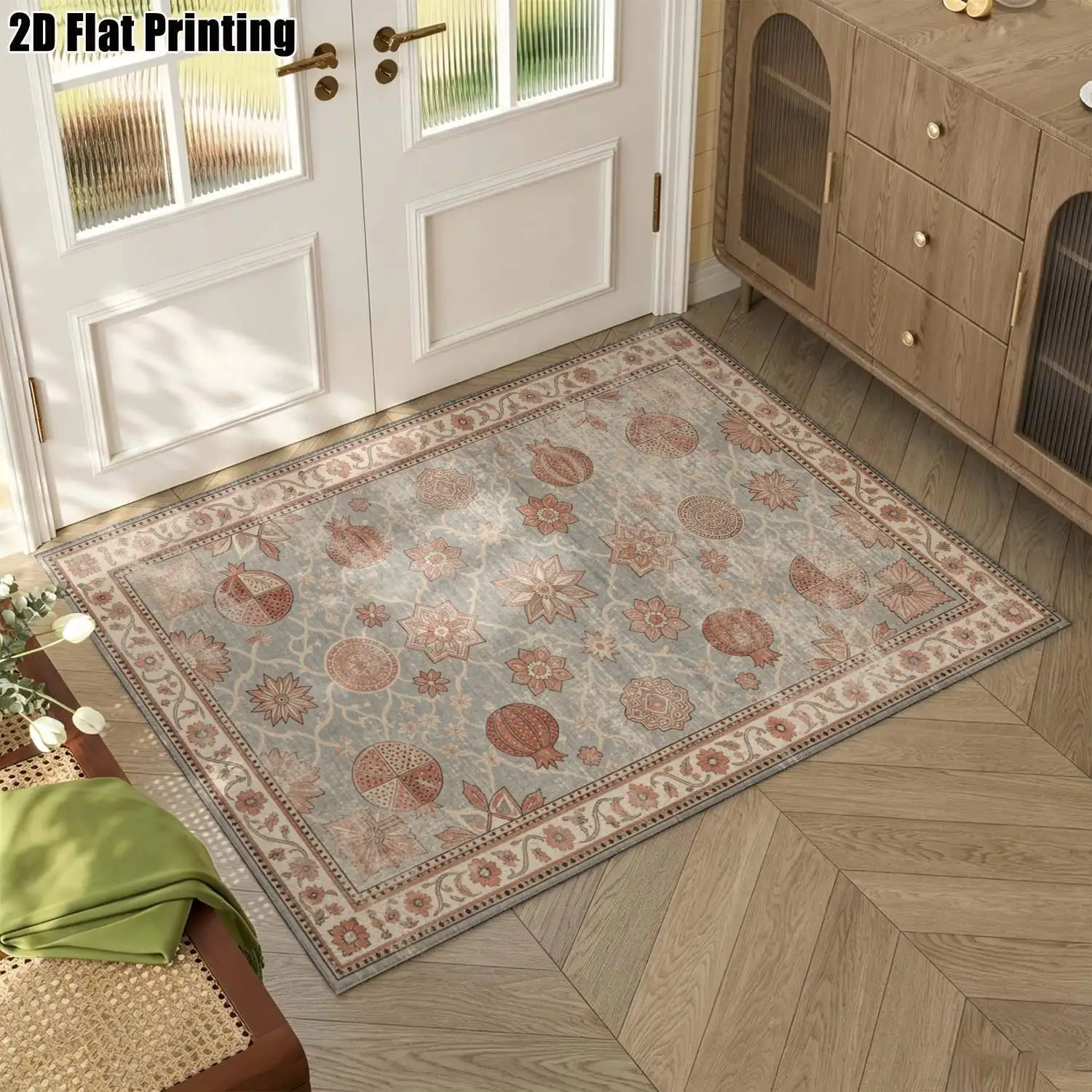 1Pc 2D Printed Carpet with Blue-Gray Pomegranate Flower Pattern, Multi-Style, Multi-Size, Machine Washable, Suitable for Home Decor in Various Settings