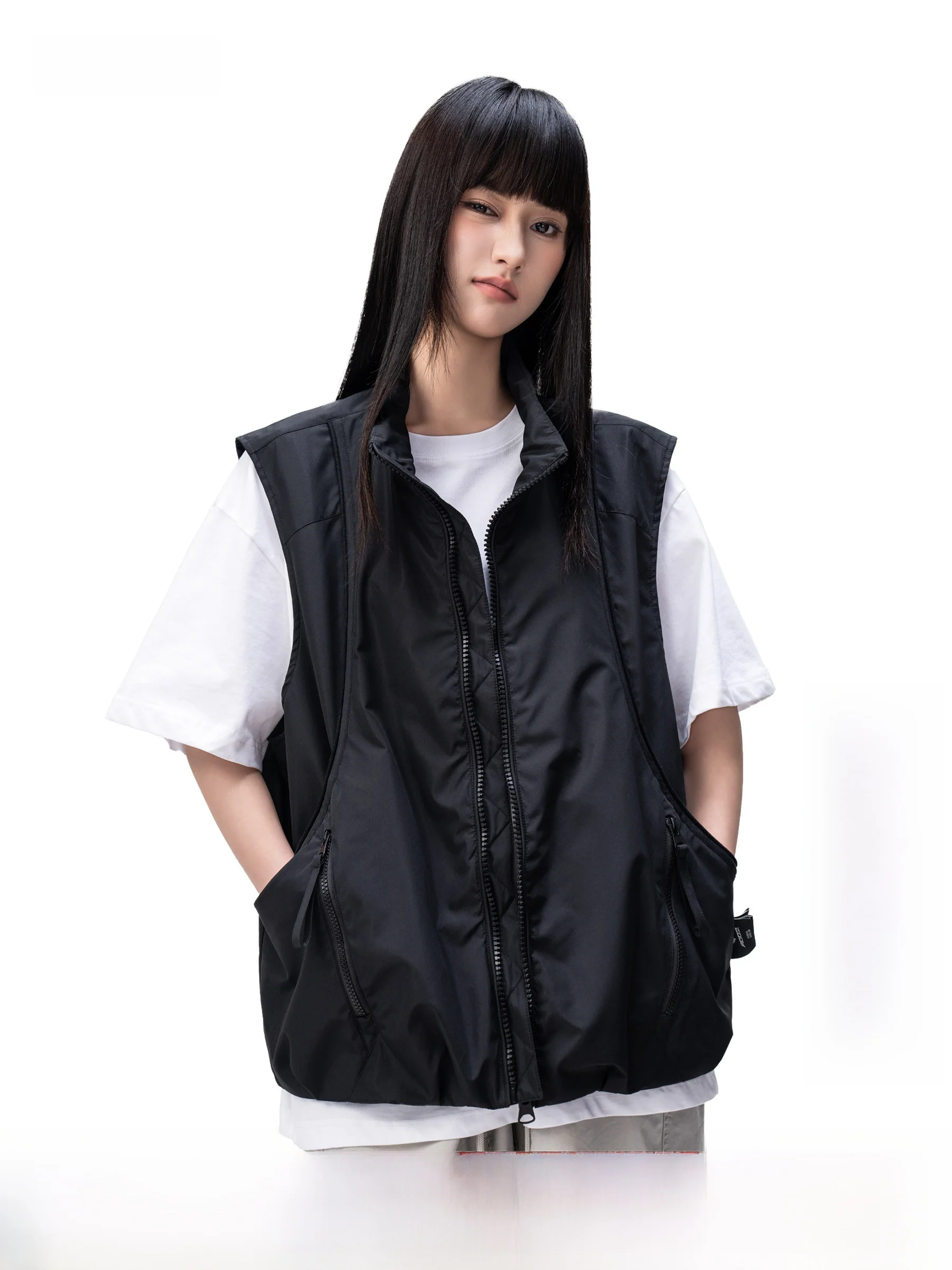 AOGZ Deconstructed Splice Functional Vest Unisex Loose Outdoor Multi-pocket Stand Collar Jacket Breathable Casual Style