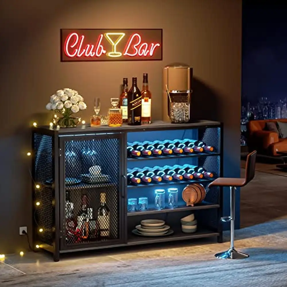 LED Wine Cabinet Bar Storage Organizer Glass Holder Floor Mount Metal Frame Cabinet