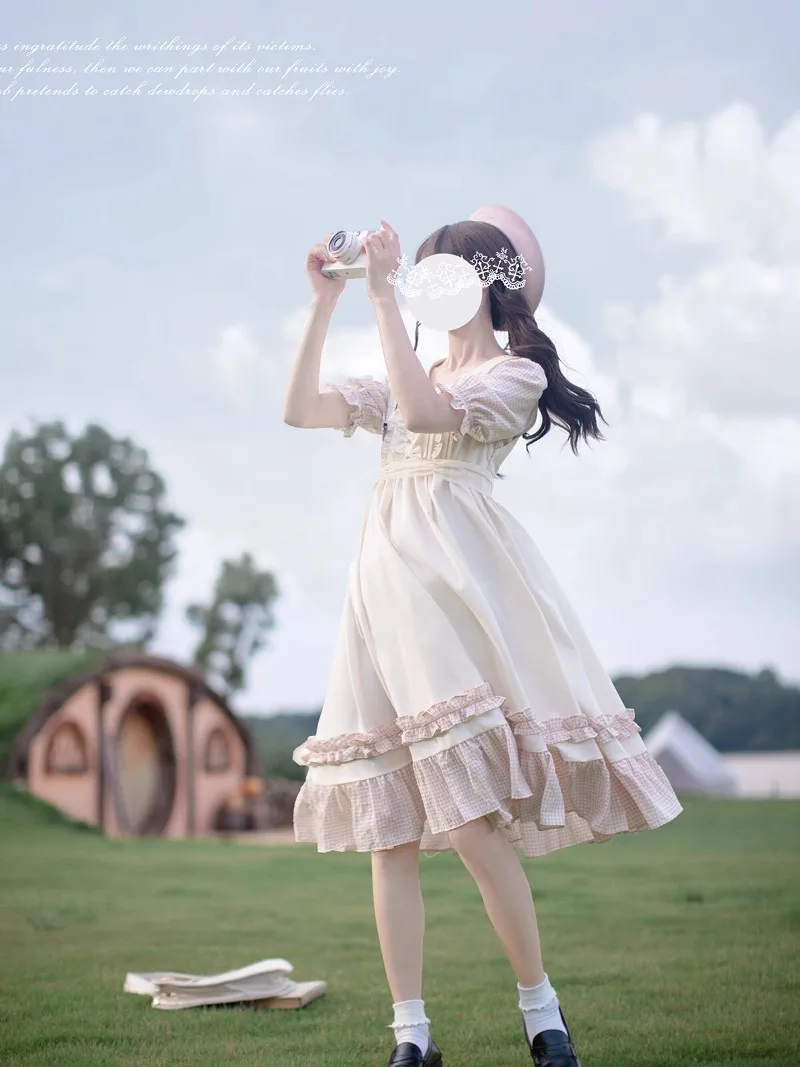 Vestido de estilo japonés Rojita para mujer, camiseta de manga corta de un solo pecho con cuello de muñeca a cuadros rosa, dulce y suave, novedad de verano 2024