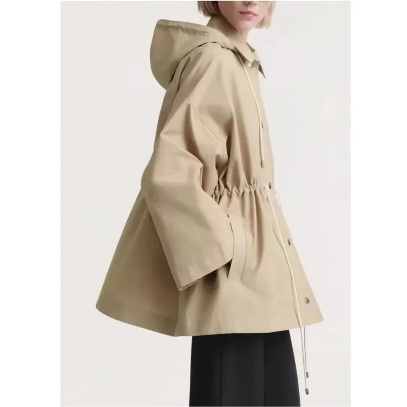 TT-Minimalist Beige Hooded Jacket, Drawstring Waist, Tucked Parka, Short Trench Coat, Autumn