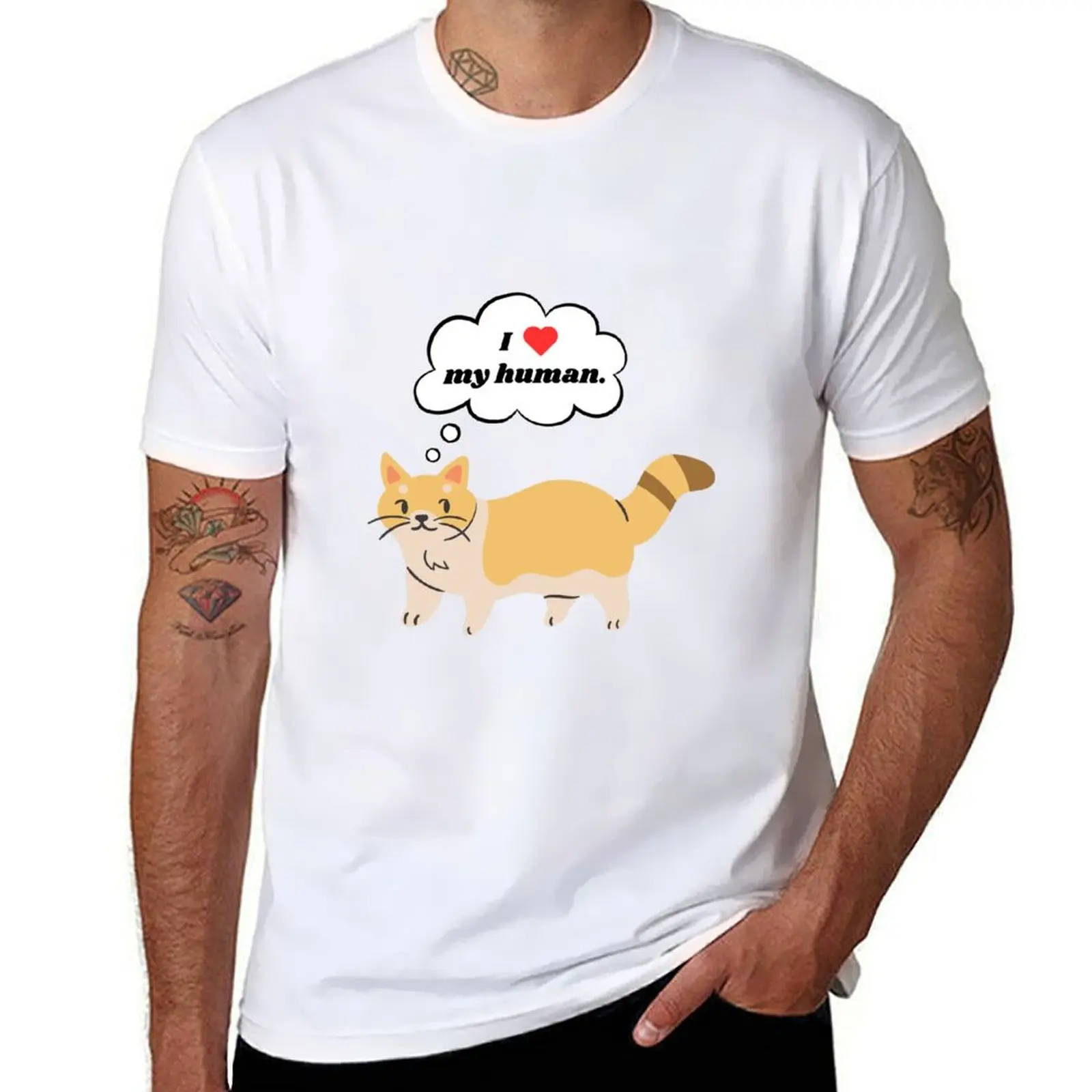 

Ginger Cat Loves Human (On Black) T-Shirt anime t shirts for man t shirts for man pack cotton T-Shirt