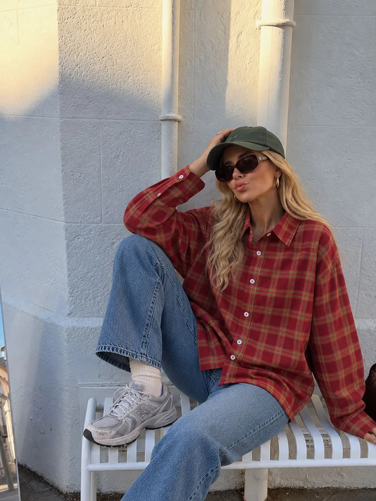 HH Women Vintage Red Plaid Shirt Jacket Autumn Winter Oversized Long Sleeve Button Front Shacket Casual Loose Fit Streetwear
