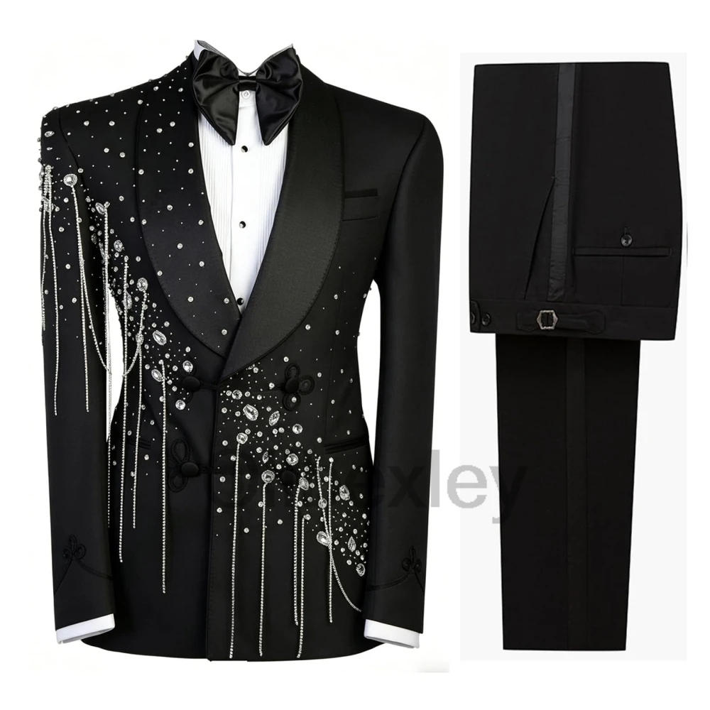 Olibexley Luxury 2 Piece Men's Tuxedo Suit Sliver Rhinestone Double Breasted Slim Fit Shawl Lapel Blazer Pant Customized S369