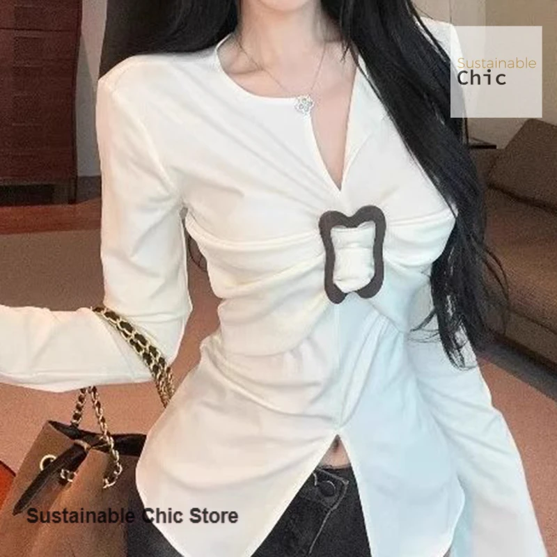 Korean irregular split long-sleeved T-shirt female autumn and winter spice girl V-neck trumpet sleeve high-grade bottoming shirt
