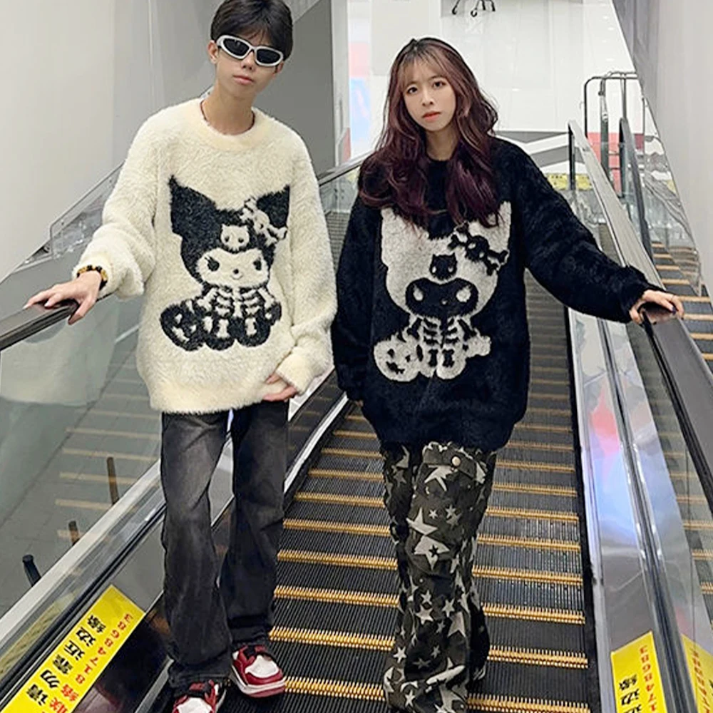 لطيف Kuromi سترة Sanrioed الرجال النساء رشاقته محبوك القمم أنيمي Kawaii الخريف الشتاء طالب فضفاض زوجين الزي ملابس علوية غير رسمية