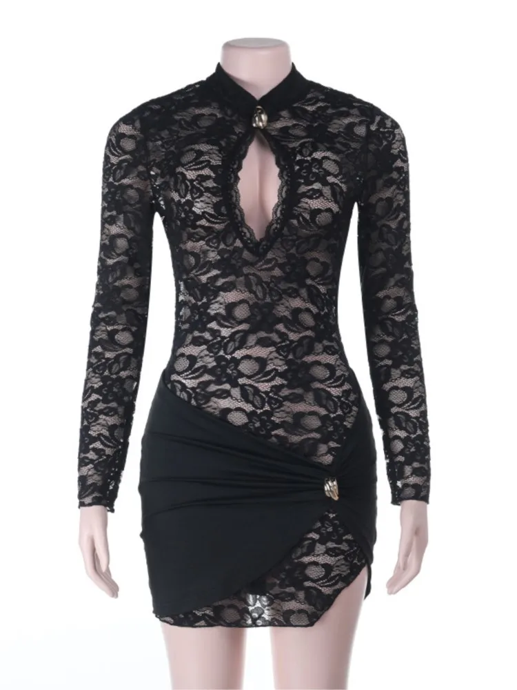 Vrouwen sexy kanten mini-jurk uitgehold lange mouwen avondfeest clubjurken vintage casual bodycon doorzichtige vestidos