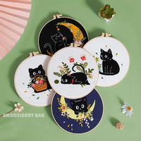 Moon and Black Cat Flower Embroidery Kit with Stamped Cloth,Thread, Needle, EN Instructions DIY Craft Present Teenager