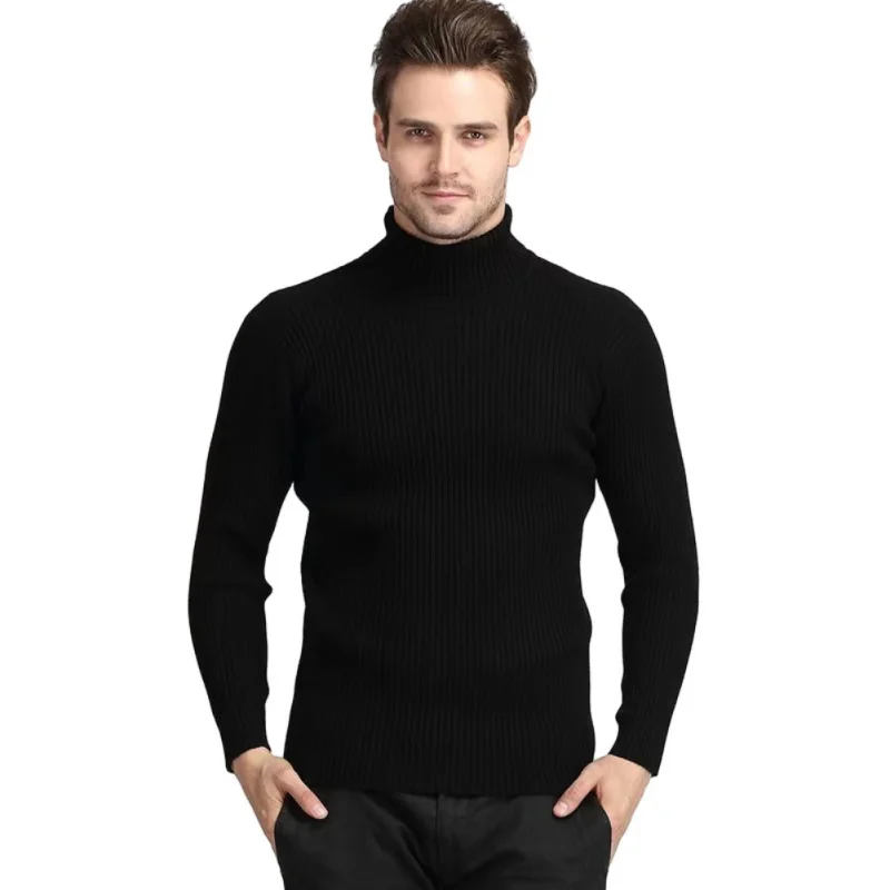 

Autumn and Winter Men's Turtleneck Sweater Casual Solid Color Vertical Striped Pullover Bottom Line Shirt Men's Clothing