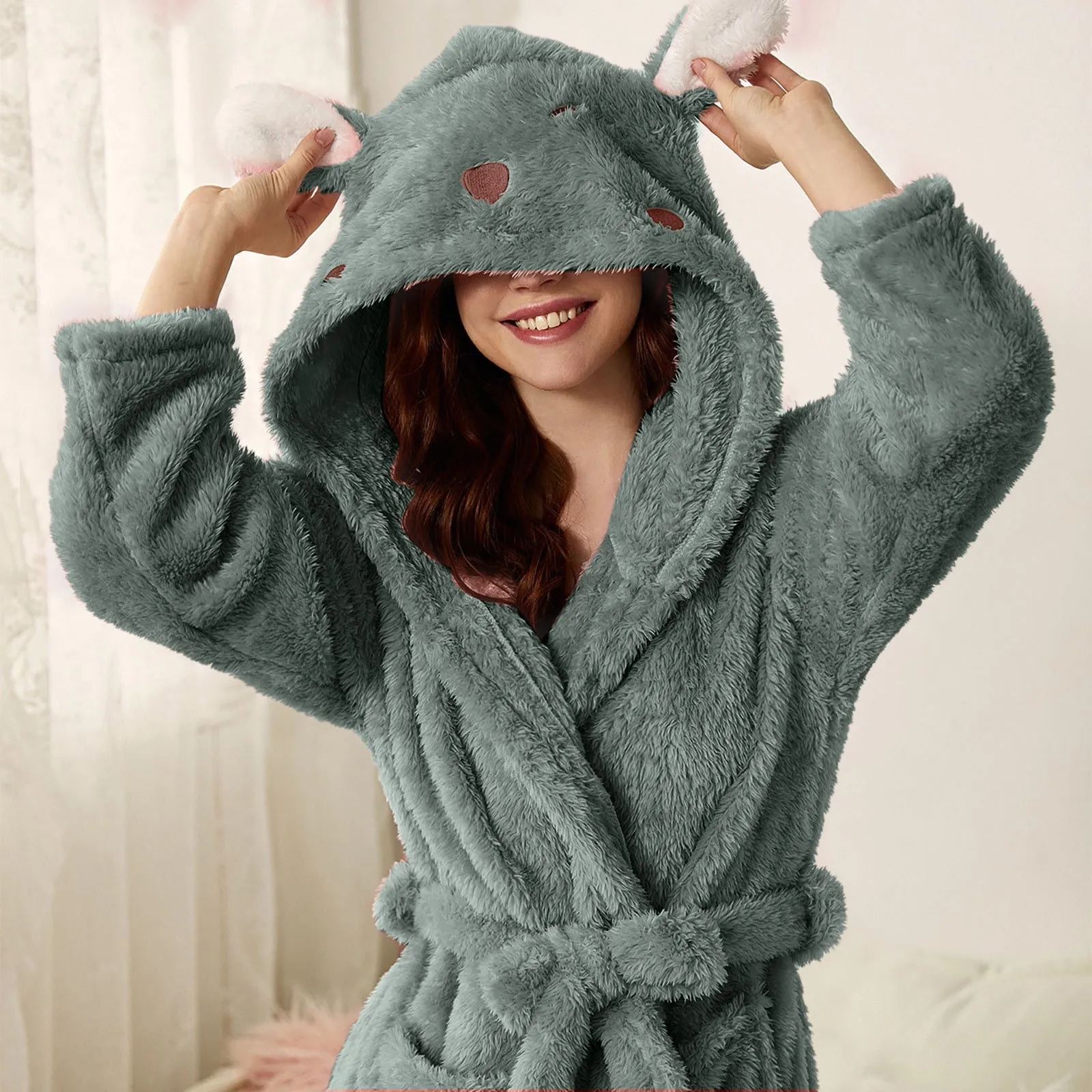 Women's Warm Plush Fleece Robes Bathrobe Cute Ear Hooded Robe Rabbit Flannel Kimono Bath Robe Dressing Gown Velvet Sleepwear