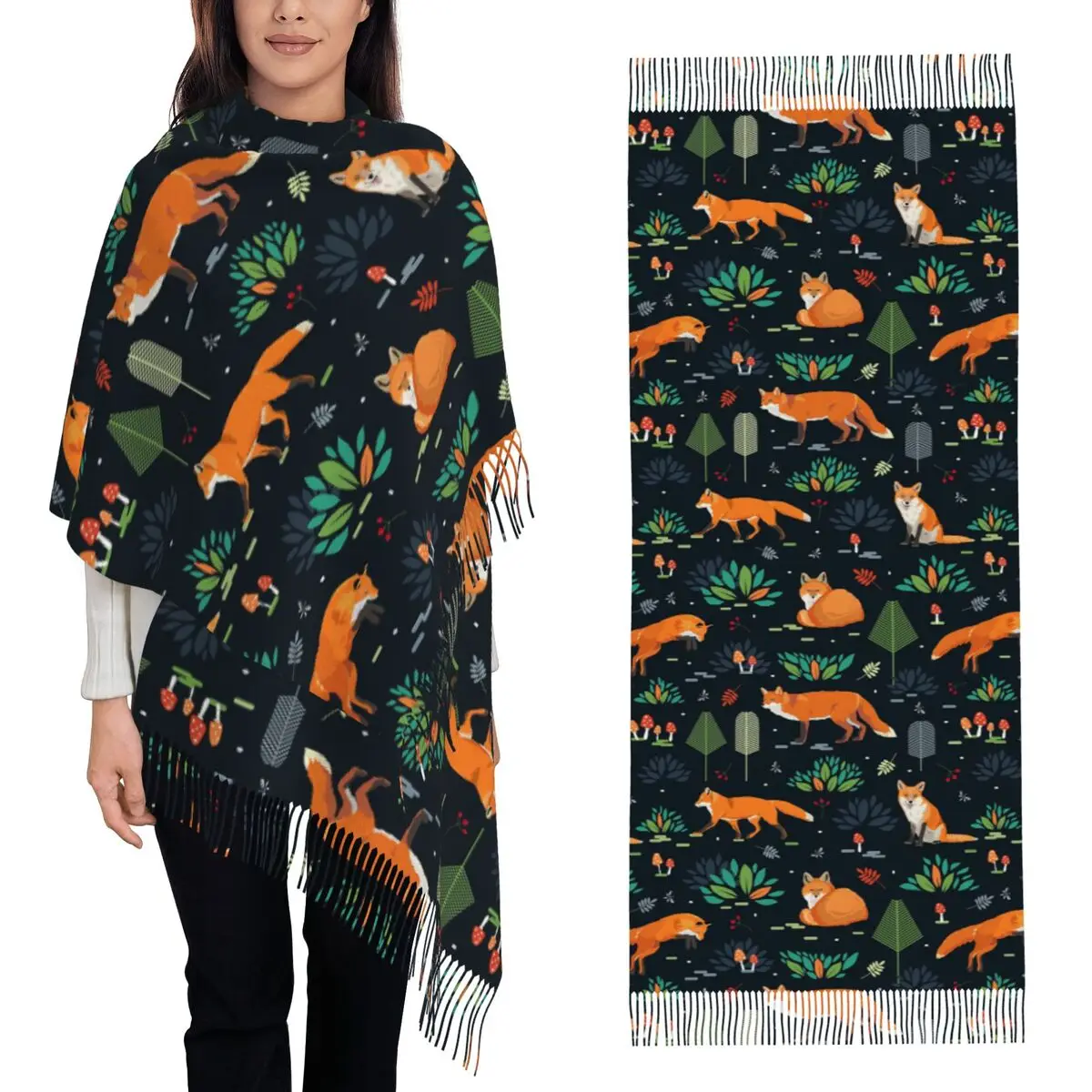 

Шарф с темным узором лисы, шарфы с кисточками, женские мягкие теплые шали и накидки, длинная осенне-зимняя шаль