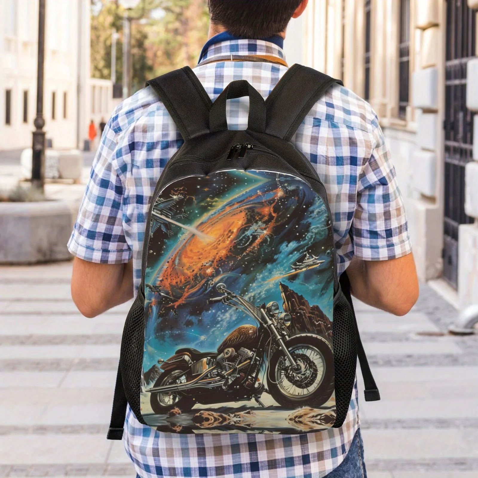 Cool Retro Motorcycle Print Lightweight Adjustable Black Backpack for Men and Women, Perfect for Daily Commute and Sports