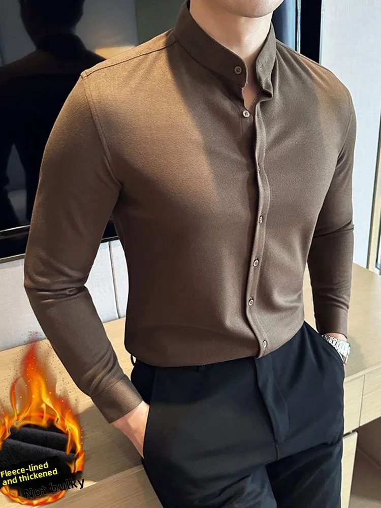 

Winter Men's Fce Lined Woolen irt Stand Collar Long Sve Tailored Fit Inner Wear for Youth Faion Stand Size