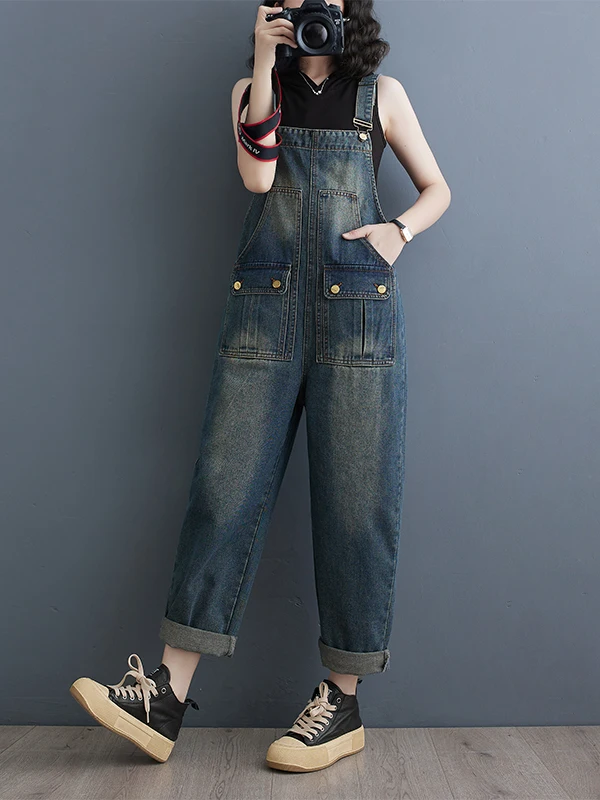 

Spring Autumn Loose Casual Denim Overalls High Waist Blue Nine Points Pants Versatile plus Size Women's Faion Jeans