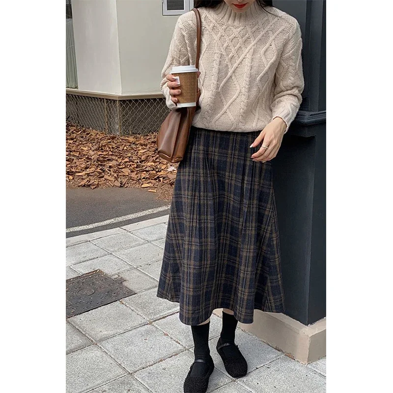 MEXZT Vintage Plaid Midi Skirts Women Harajuku Woolen A Ine Skirt Winter Ladies Streetwear Korean High Waist Casual Faldas New