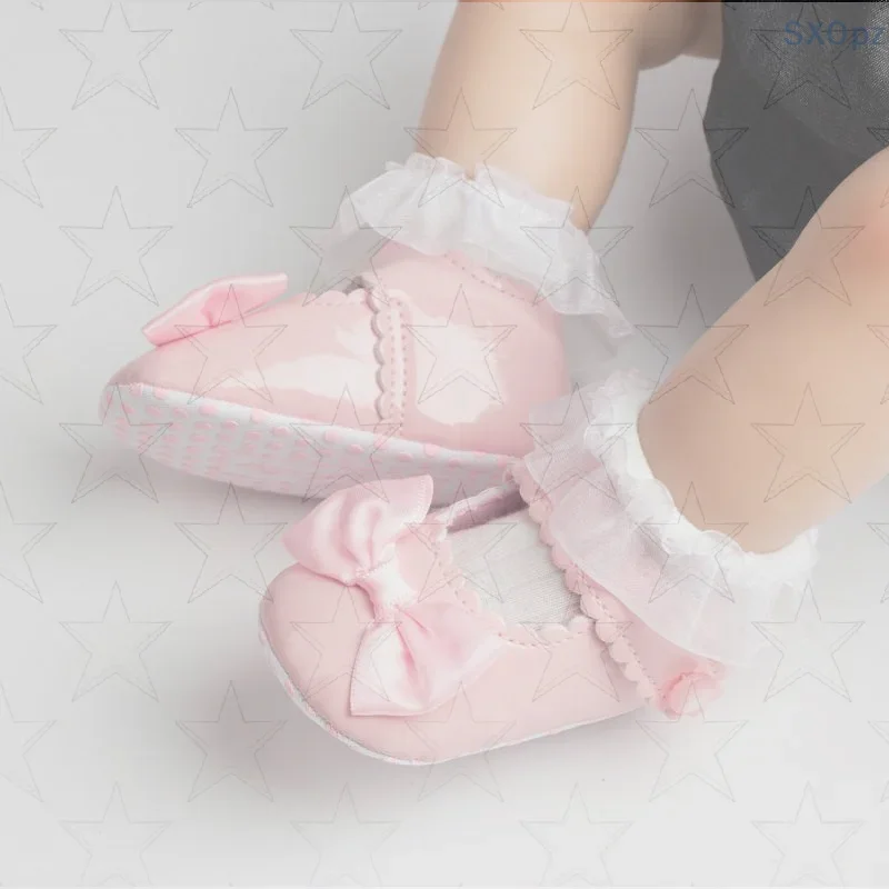 

PU Leather Princess Baby Girl Shoes, Newborn to 18 Month Sizes, Bowknot Flat Walking Design with Comfy Cotton Sole.