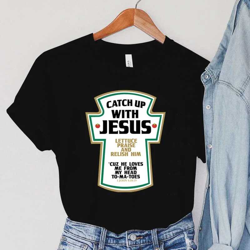 Catch Up with Jesus Women T-Shirts Vintage Bible Verses Female Tops Harajuku Christian Parody Short Sleeve Women\'s Clothing