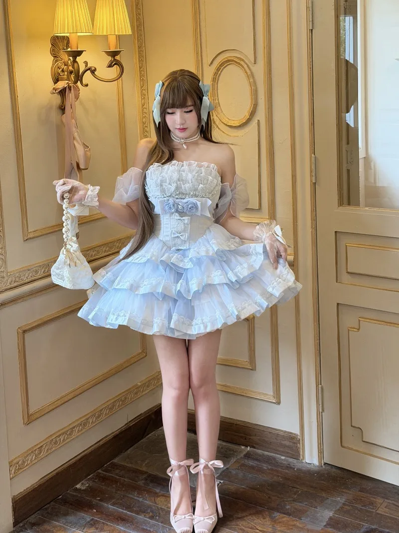 Flower Girls Light Blue Corset Lolita Dress 3D Floral Decor High‑low Trailing Tulle Skirt Elegant Princess Evening Party Outfit view 6