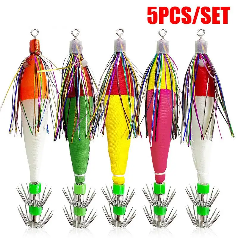 5 Stück Leuchtende Tintenfisch-Köder Bunte Glitzer-Kunstköder Doppelschicht-Schirmhaken Meeresangelzubehör für Outdoor-Angeln – Detail 1