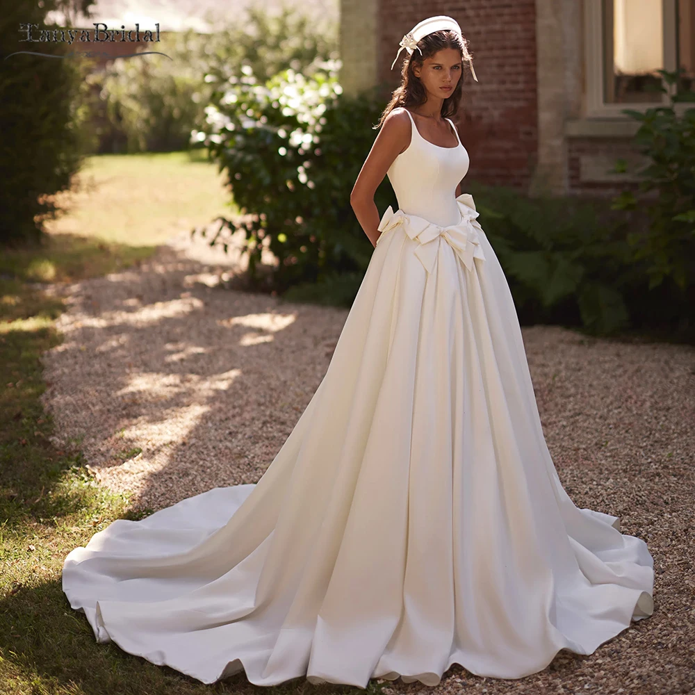 

Soft Satin A Line Wedding Dresses With bow At Waist Scoop Neckline Simple Bridal gowns DW1076