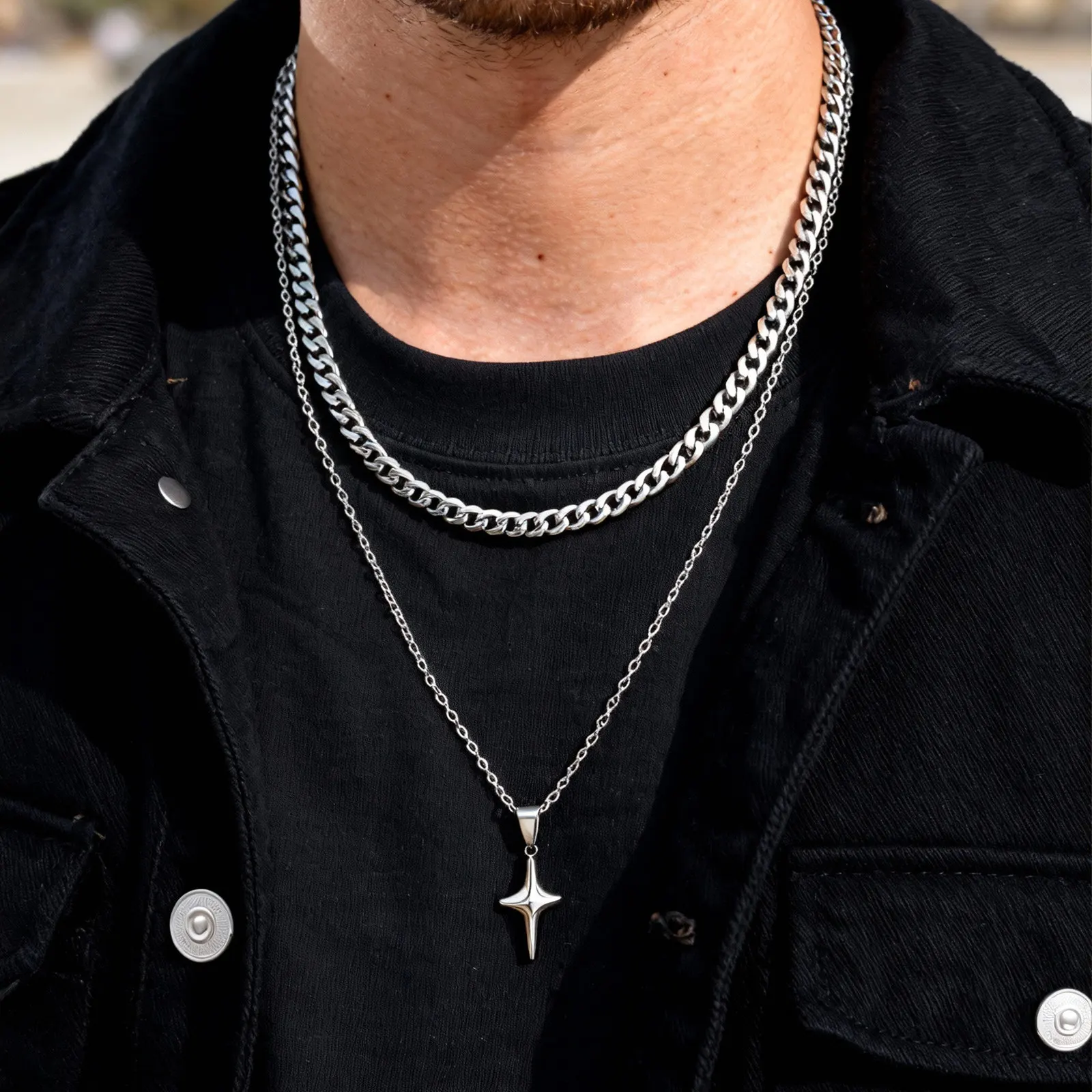 Einfache Trendige Stern-Anhänger Halskette, Silberfarbener Edelstahl-Choker für Männer Mode Party Punk Schmuck Accessoires – Detail 3