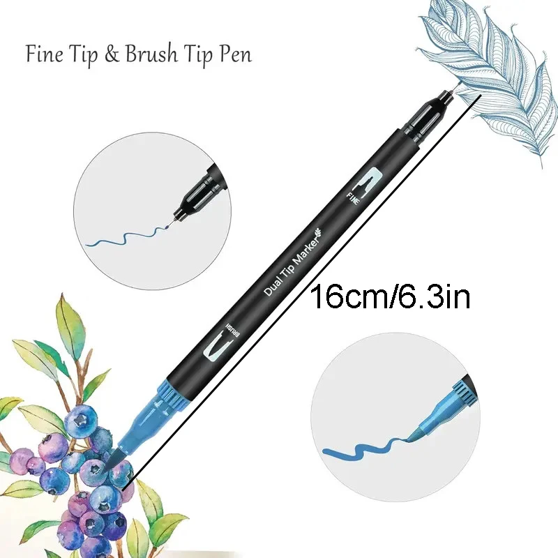 مجموعة فرشاة وأقلام تحديد رفيعة ذات طرف مزدوج | علامات فنية بأطراف مائية للخط والرسم والرسم #2